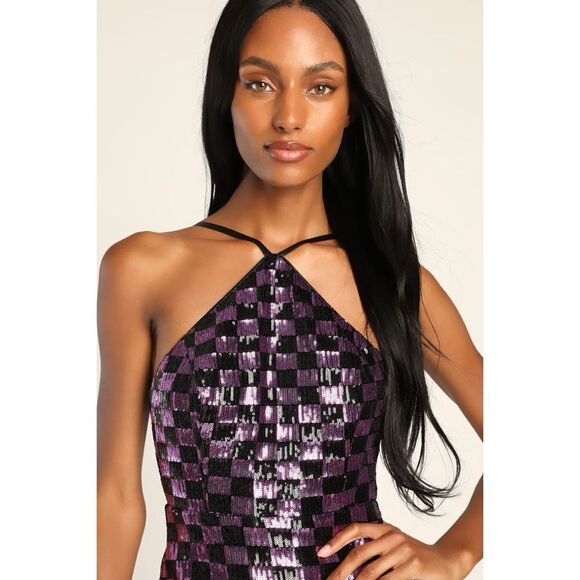 NWT Lulus Check Her Out Black and Purple Sequin Backless Mini Dress, Size Small - Picture 4 of 10